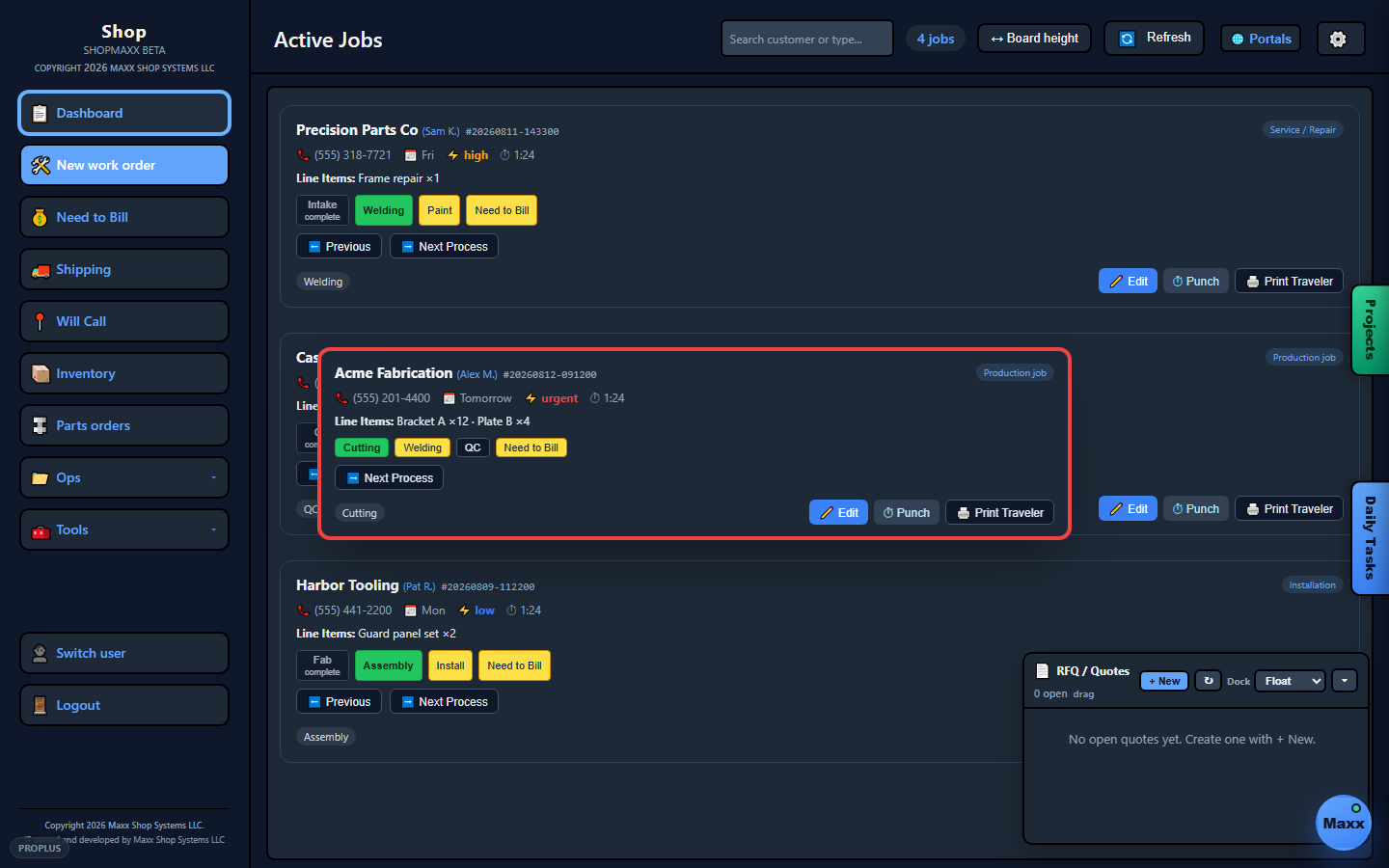ShopMaxx Active Jobs dashboard with job cards