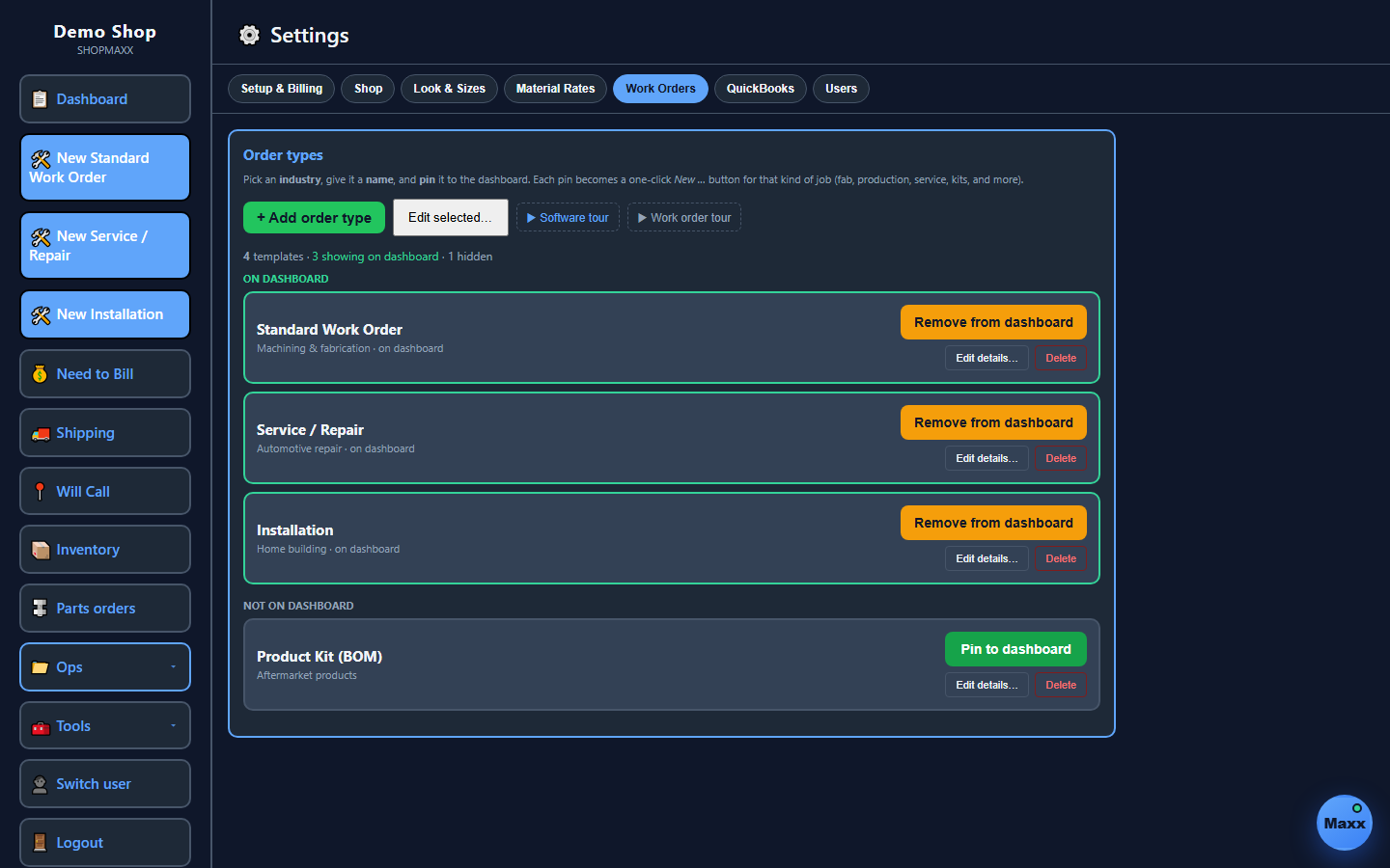 ShopMaxx order types setup