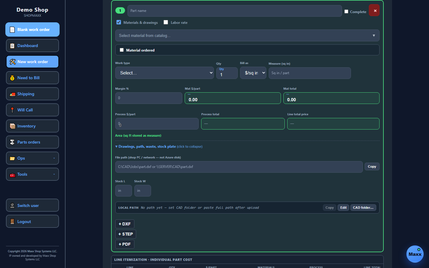 ShopMaxx work order form with customer and line items